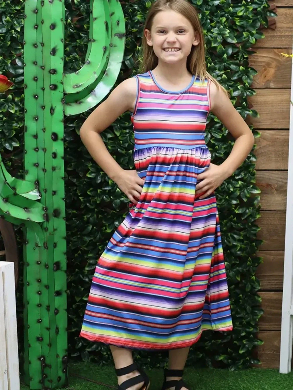 Vibrant Summer Girls' Multicolor Striped Midi Dress NIP